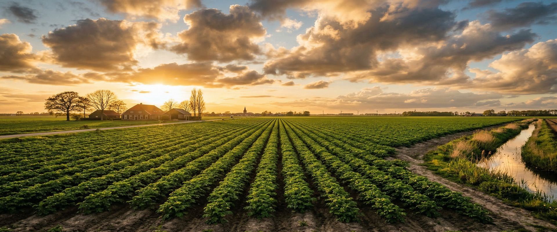 Nederlands aardappelveld in het voorjaar met groen loof onder een wijde hemel