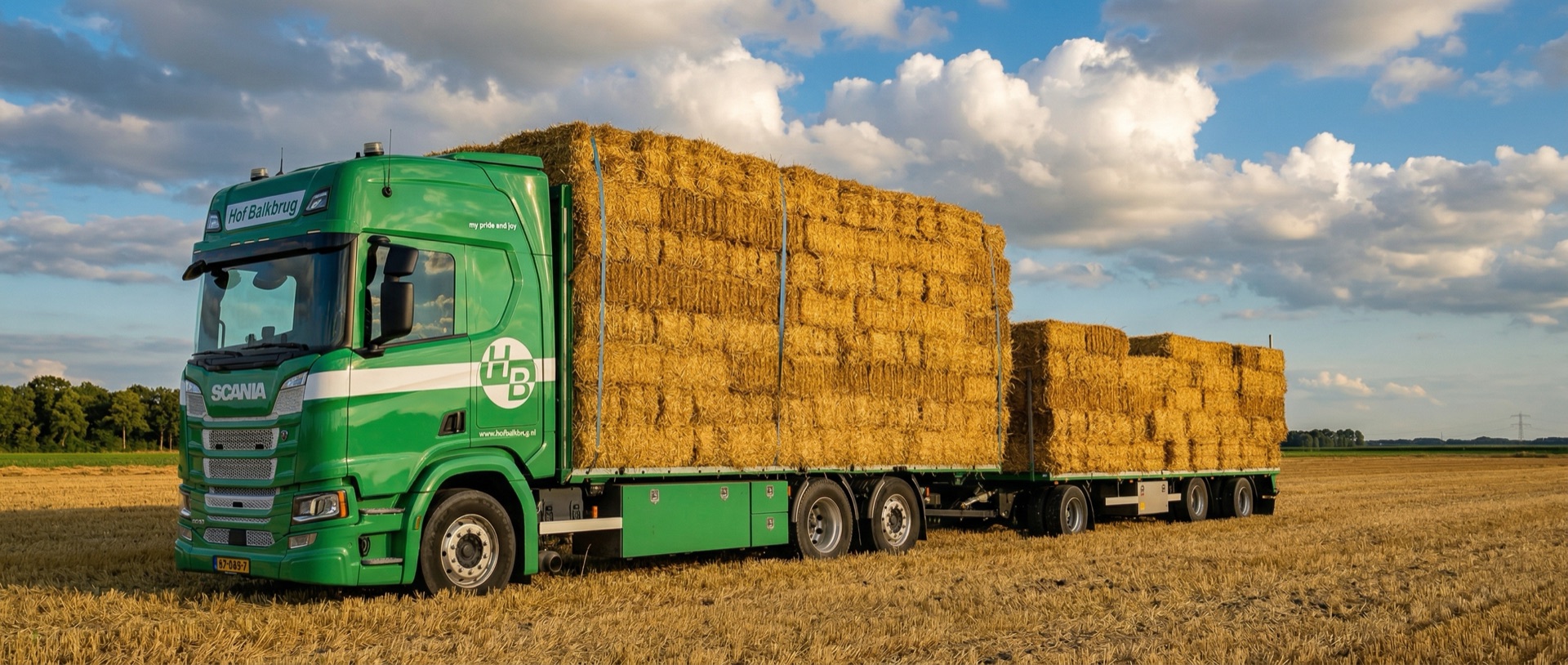 Nederlands agrarisch landschap met grote strobalen op een pas geoogst veld in Overijssel