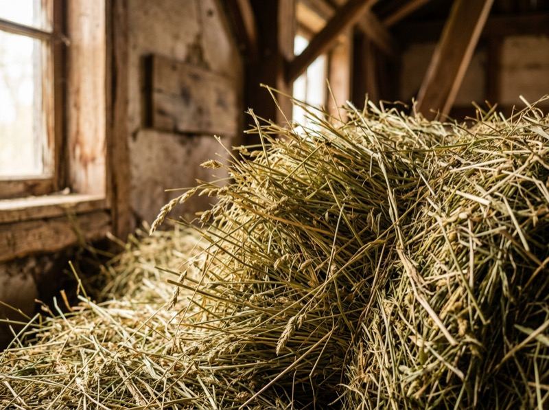 Hooi in droge opslag met zichtbare structuur en goudgroene kleur