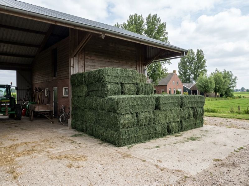 Balen luzerne met herkenbare donkergroene kleur op een agrarisch erf