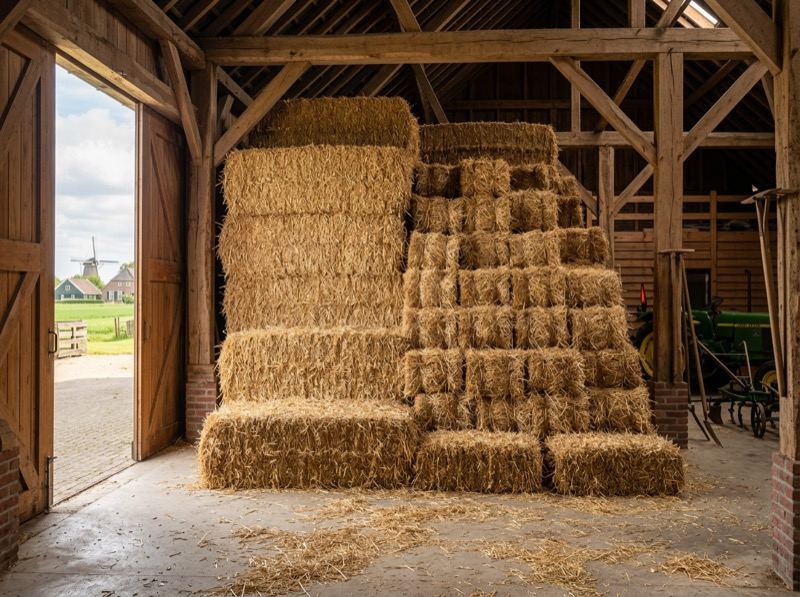 Gestapelde strobalen in grote en kleine formaten in een agrarische schuur