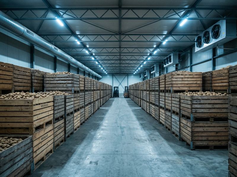 Gestapelde kisten met aardappelen in de geconditioneerde opslagruimte van Hof Balkbrug