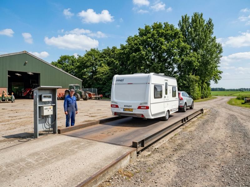 Caravan wordt gewogen op de openbare weegbrug bij Hof Balkbrug