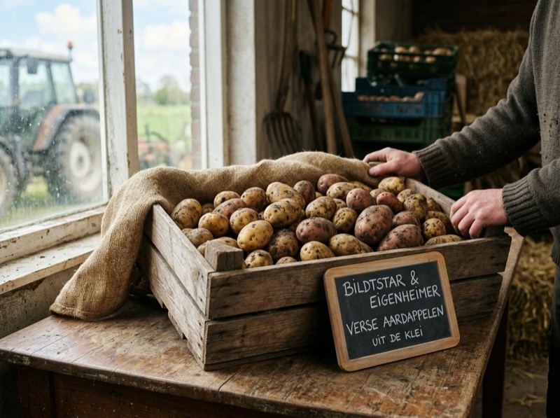 Verse consumptieaardappelen in een houten krat, klaar voor verkoop bij Hof Balkbrug