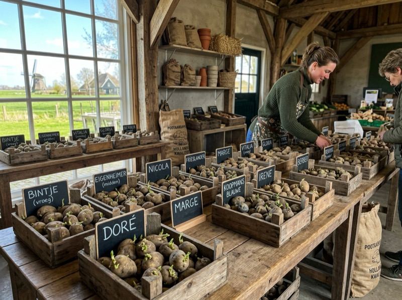 Pootaardappelen in kratten, klaar voor verkoop in het voorjaar bij Hof Balkbrug